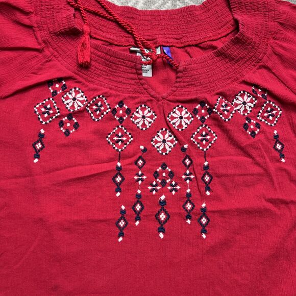 Catherines Crinkle Peasant Top Blouse Women’s 3XWP Petite Plus Red Embroidered - Picture 7 of 9